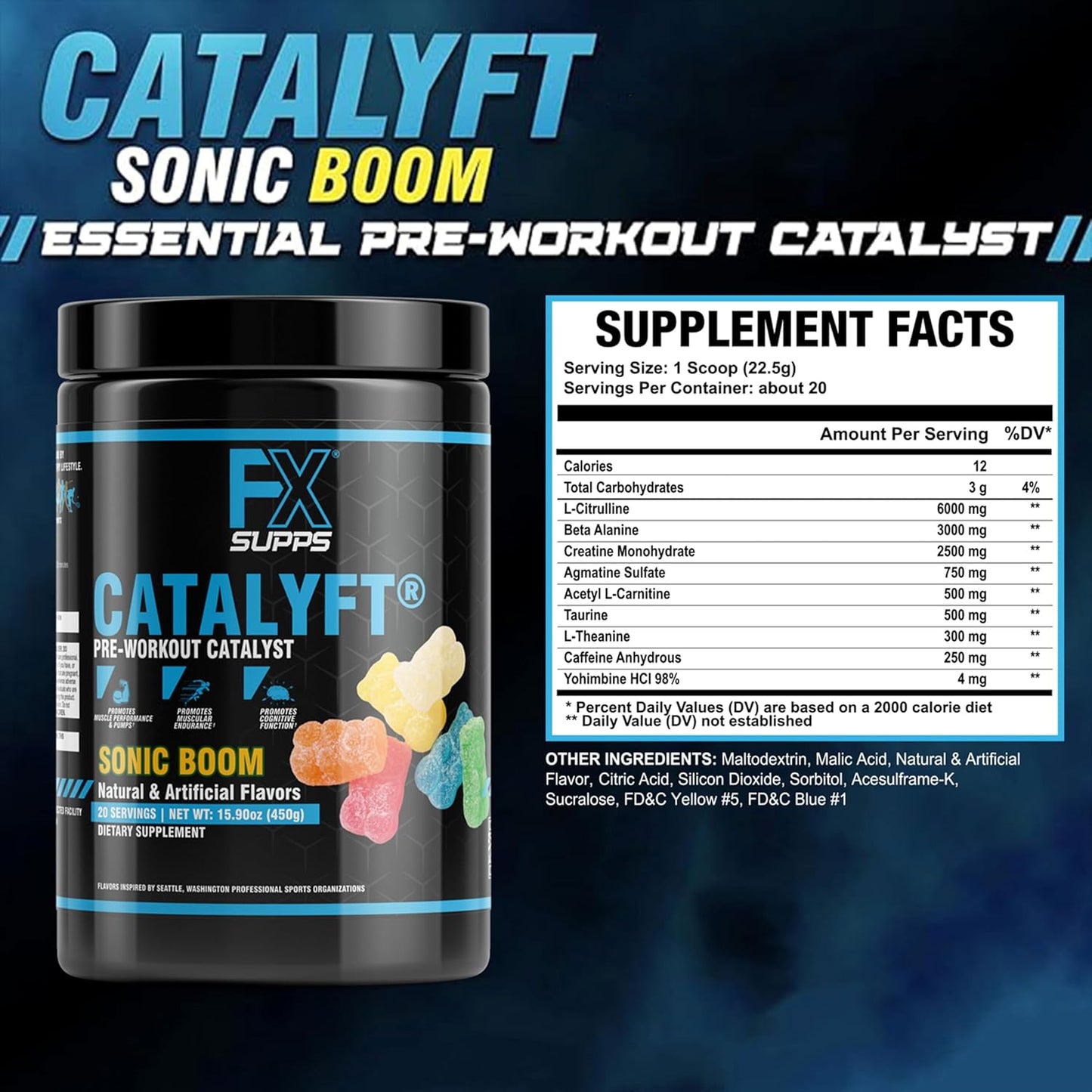 FXSUPPS Catalyft Pre-Workout Powder Drink - Sonic Boom Flavor, 20 Servings - Enhances Energy, Muscle Gain, and Focus - Includes Creatine, Caffeine, and Beta-Alanine - Ideal for Men and Women