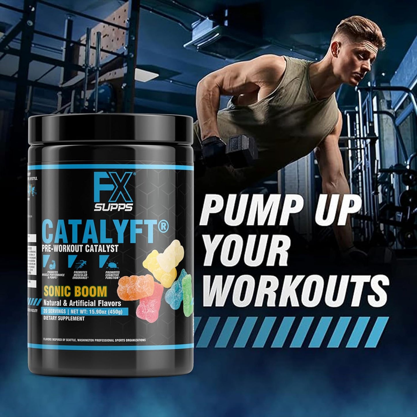 FXSUPPS Catalyft Pre-Workout Powder Drink - Sonic Boom Flavor, 20 Servings - Enhances Energy, Muscle Gain, and Focus - Includes Creatine, Caffeine, and Beta-Alanine - Ideal for Men and Women