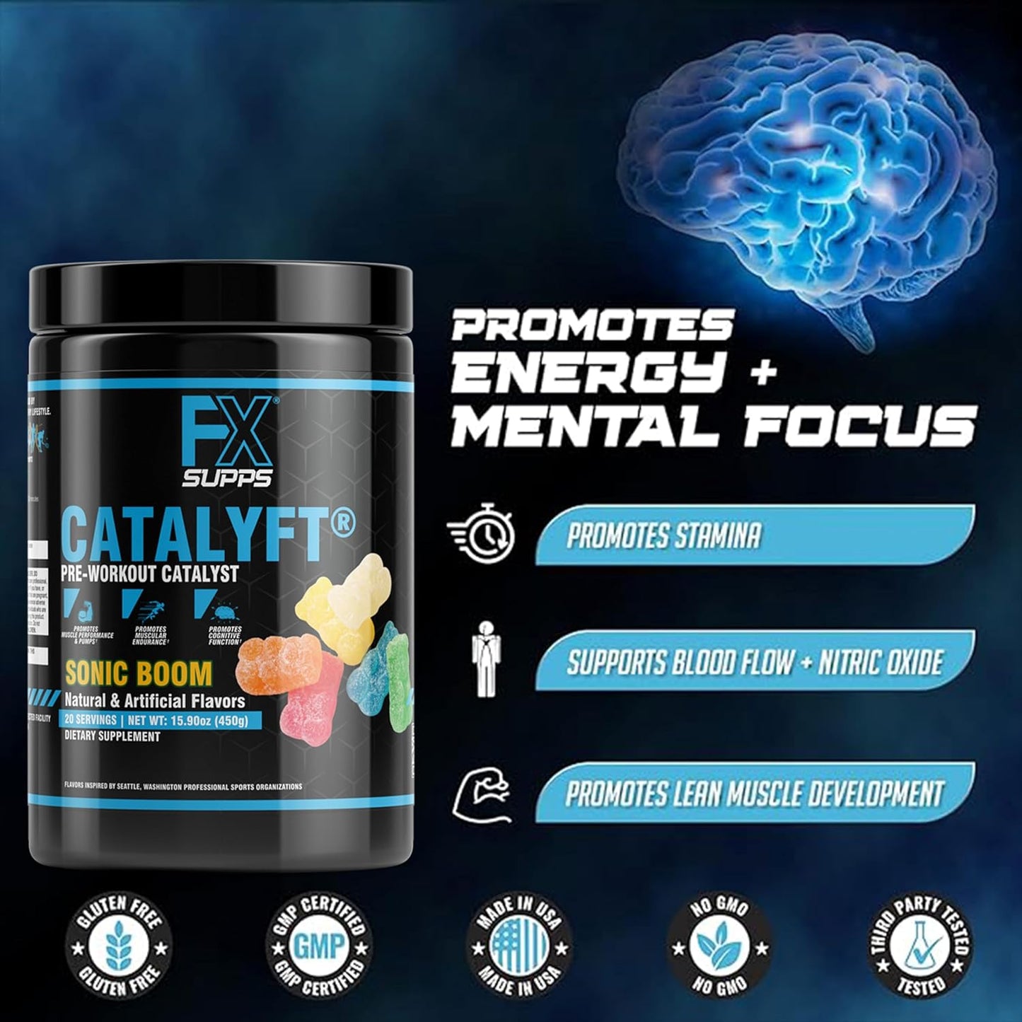 FXSUPPS Catalyft Pre-Workout Powder Drink - Sonic Boom Flavor, 20 Servings - Enhances Energy, Muscle Gain, and Focus - Includes Creatine, Caffeine, and Beta-Alanine - Ideal for Men and Women