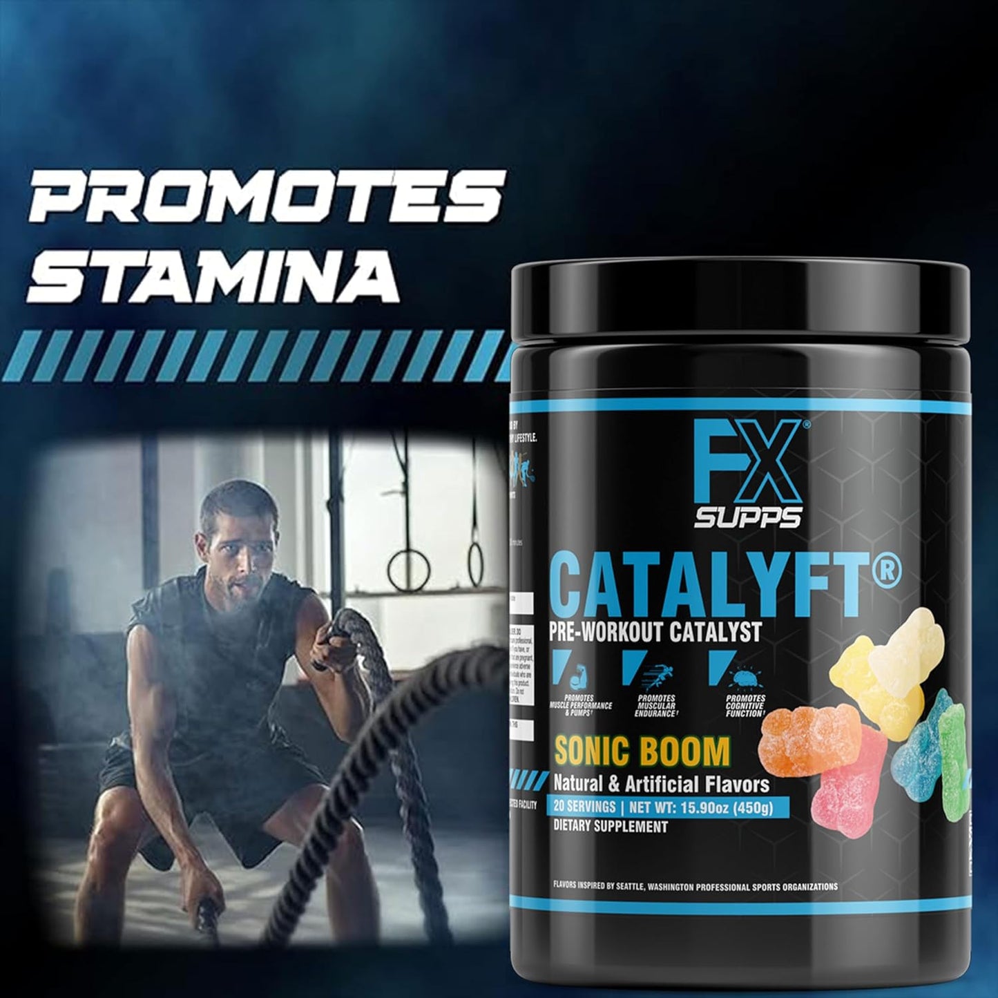 FXSUPPS Catalyft Pre-Workout Powder Drink - Sonic Boom Flavor, 20 Servings - Enhances Energy, Muscle Gain, and Focus - Includes Creatine, Caffeine, and Beta-Alanine - Ideal for Men and Women