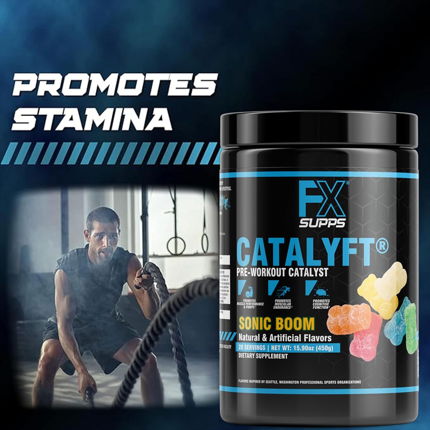 FXSUPPS Catalyft Pre-Workout Powder Drink - Sonic Boom Flavor, 20 Servings - Enhances Energy, Muscle Gain, and Focus - Includes Creatine, Caffeine, and Beta-Alanine - Ideal for Men and Women