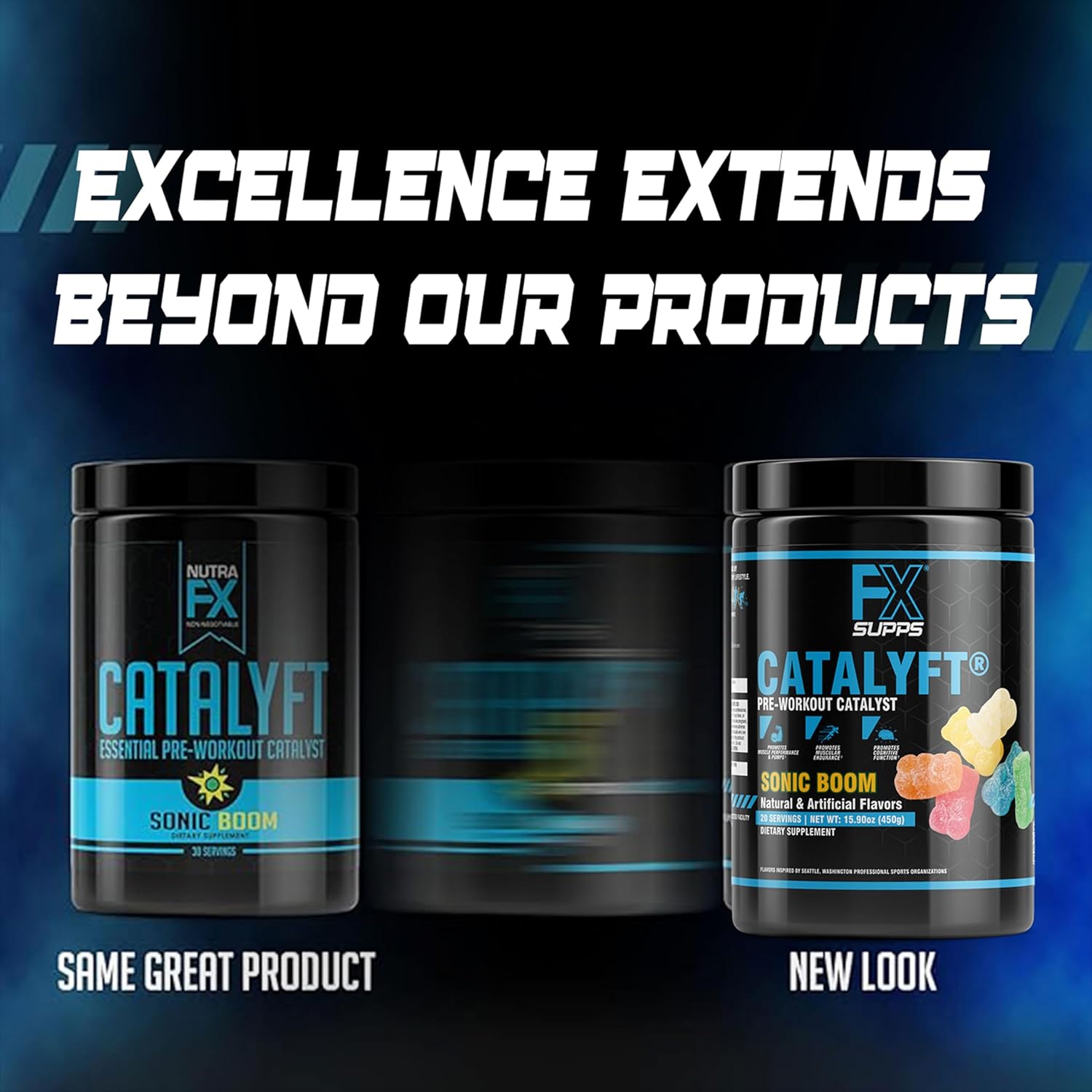 FXSUPPS Catalyft Pre-Workout Powder Drink - Sonic Boom Flavor, 20 Servings - Enhances Energy, Muscle Gain, and Focus - Includes Creatine, Caffeine, and Beta-Alanine - Ideal for Men and Women