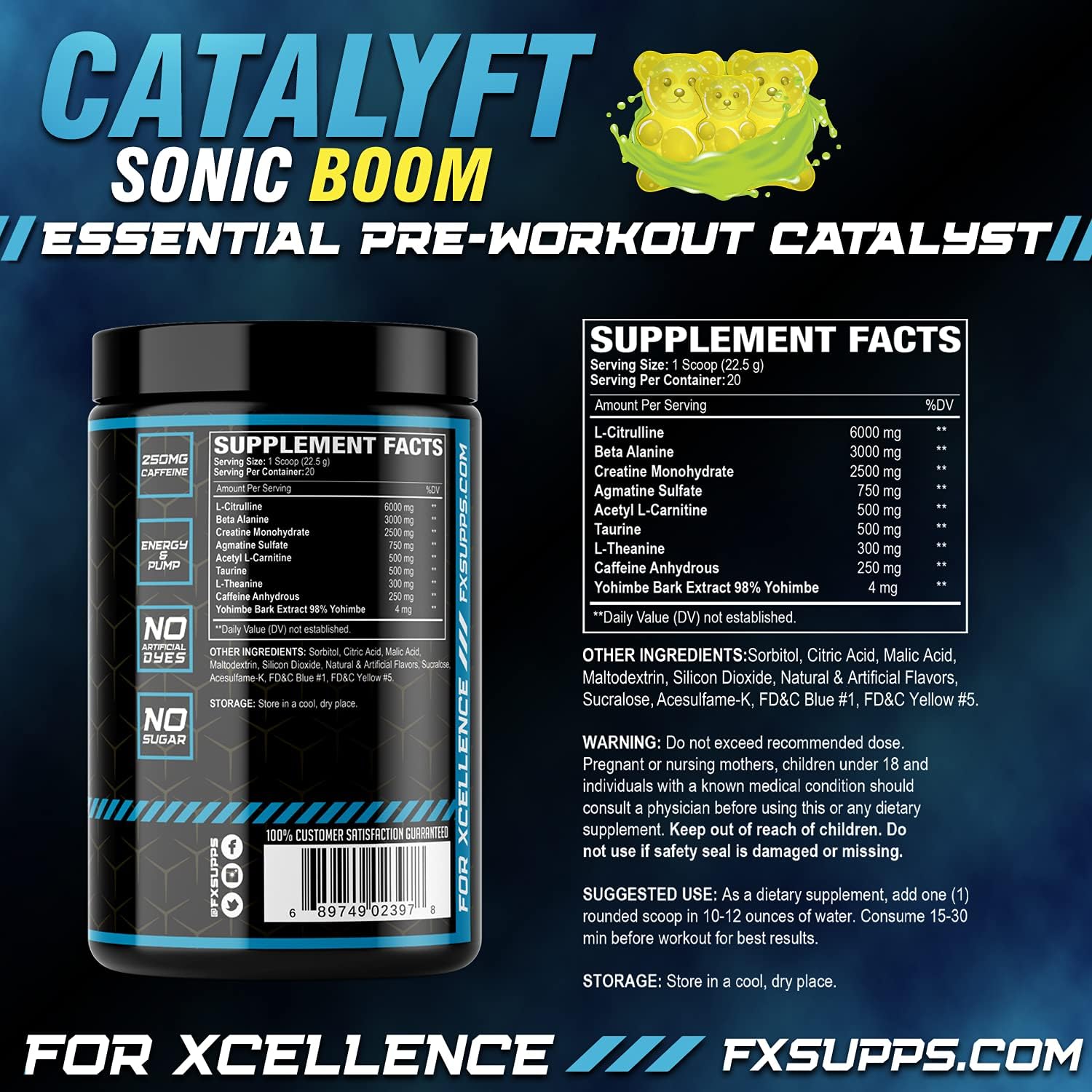 FXSUPPS Catalyft Pre-Workout Powder Drink Sonic Boom for Energy Pump, Muscle Gain, and Focus - 2 Pack of 40 Servings