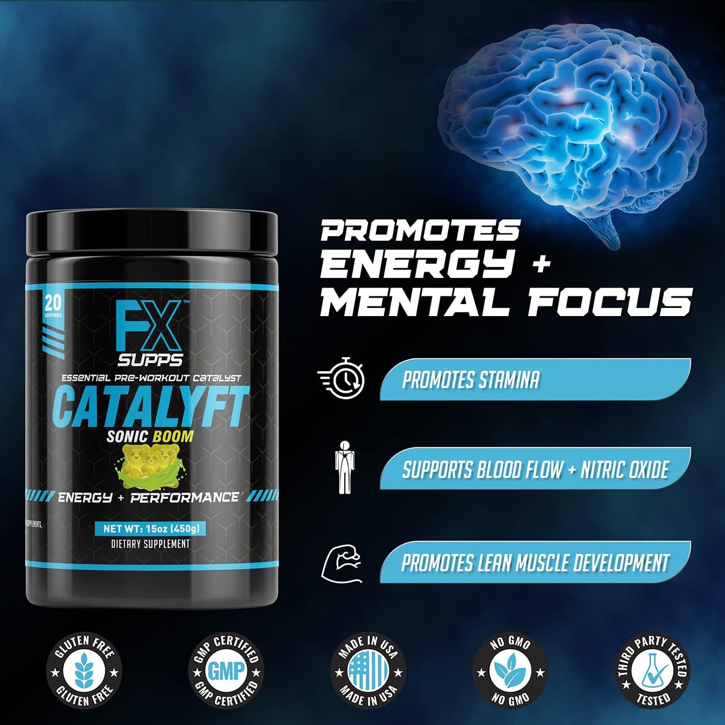 FXSUPPS Catalyft Pre-Workout Powder Drink Sonic Boom for Energy Pump, Muscle Gain, and Focus - 2 Pack of 40 Servings