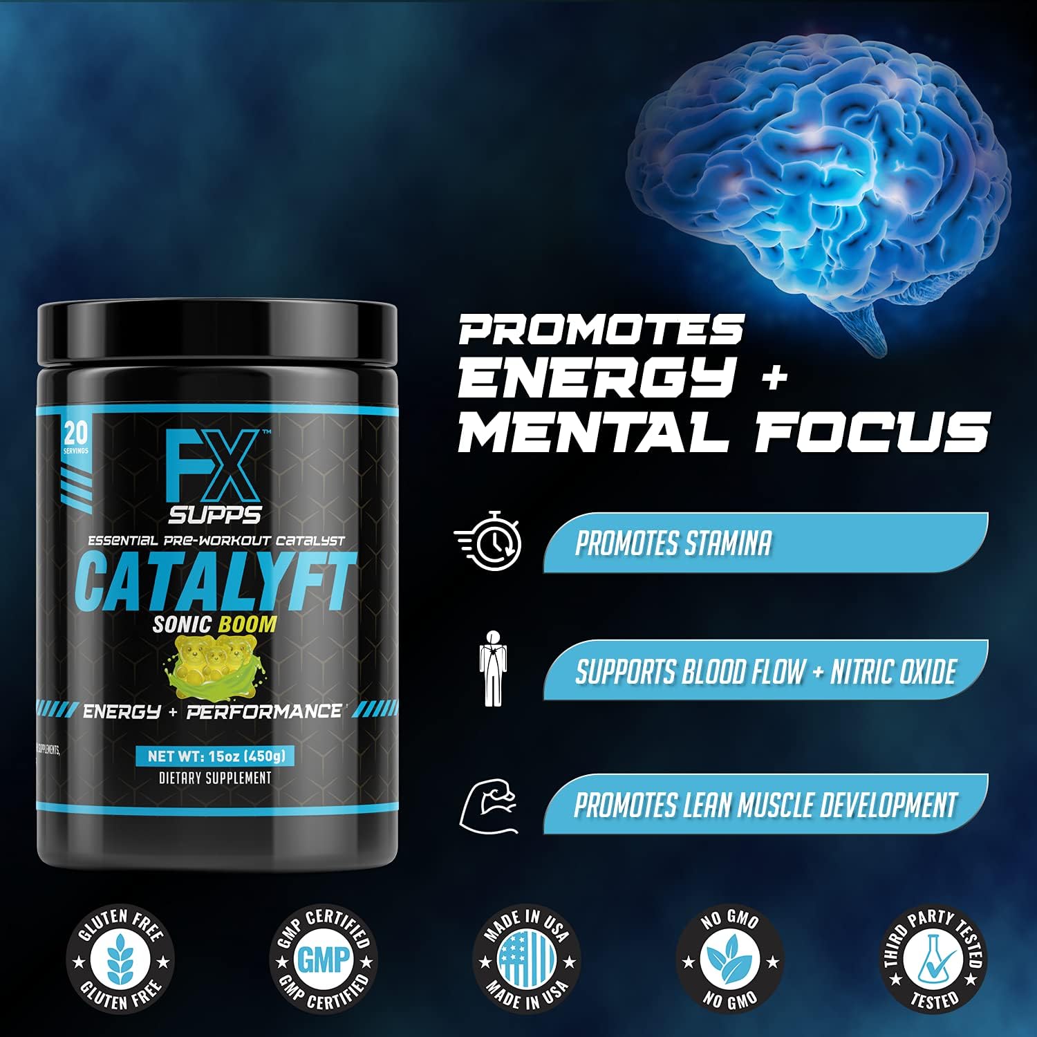 FXSUPPS Catalyft Pre-Workout Powder Drink Sonic Boom for Energy Pump, Muscle Gain, and Focus - 2 Pack of 40 Servings