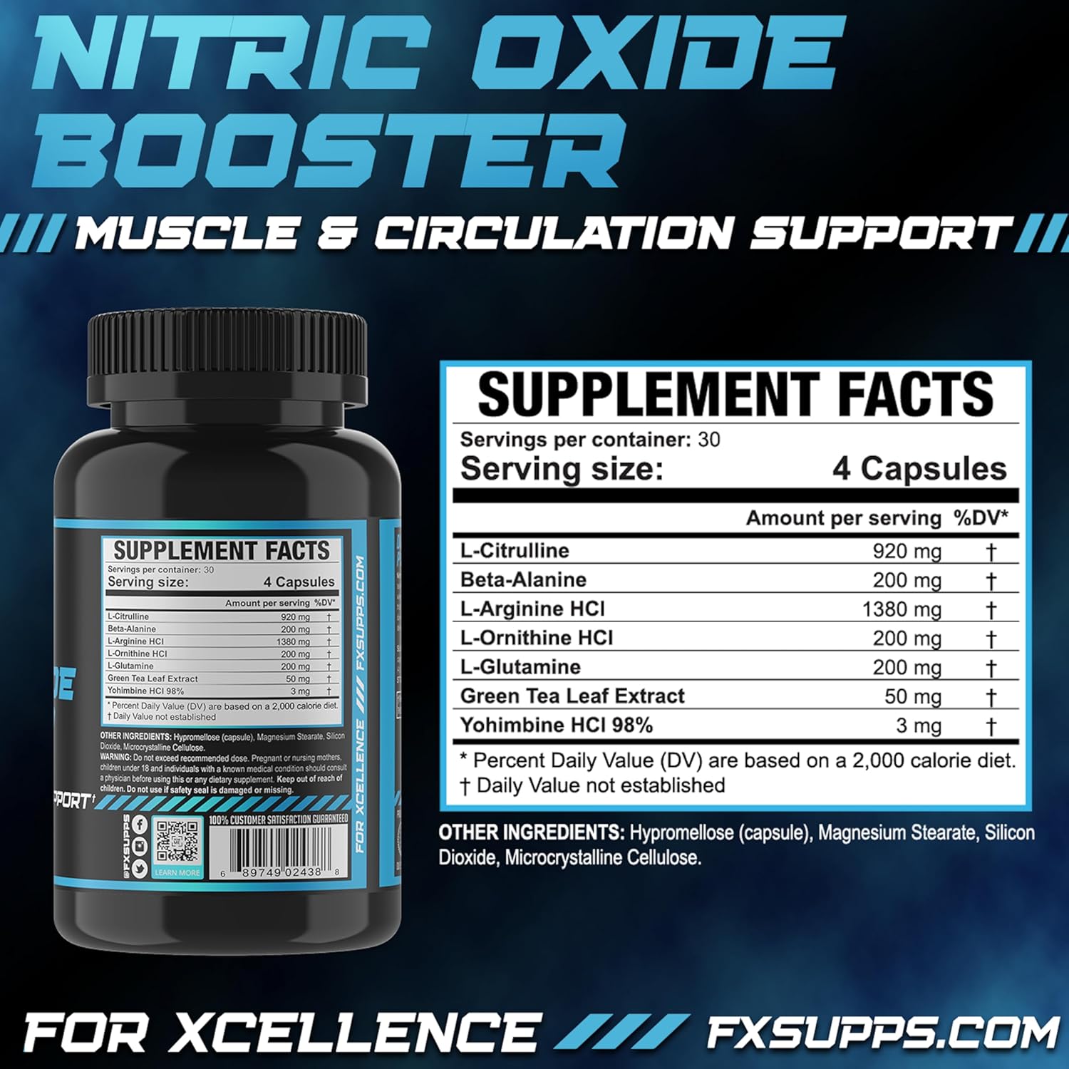 FXSUPPS Nitric Oxide Booster Capsules - Energy Pump & Vascularity Supplement with Arginine for Athletes - 120 Pills for Men and Women