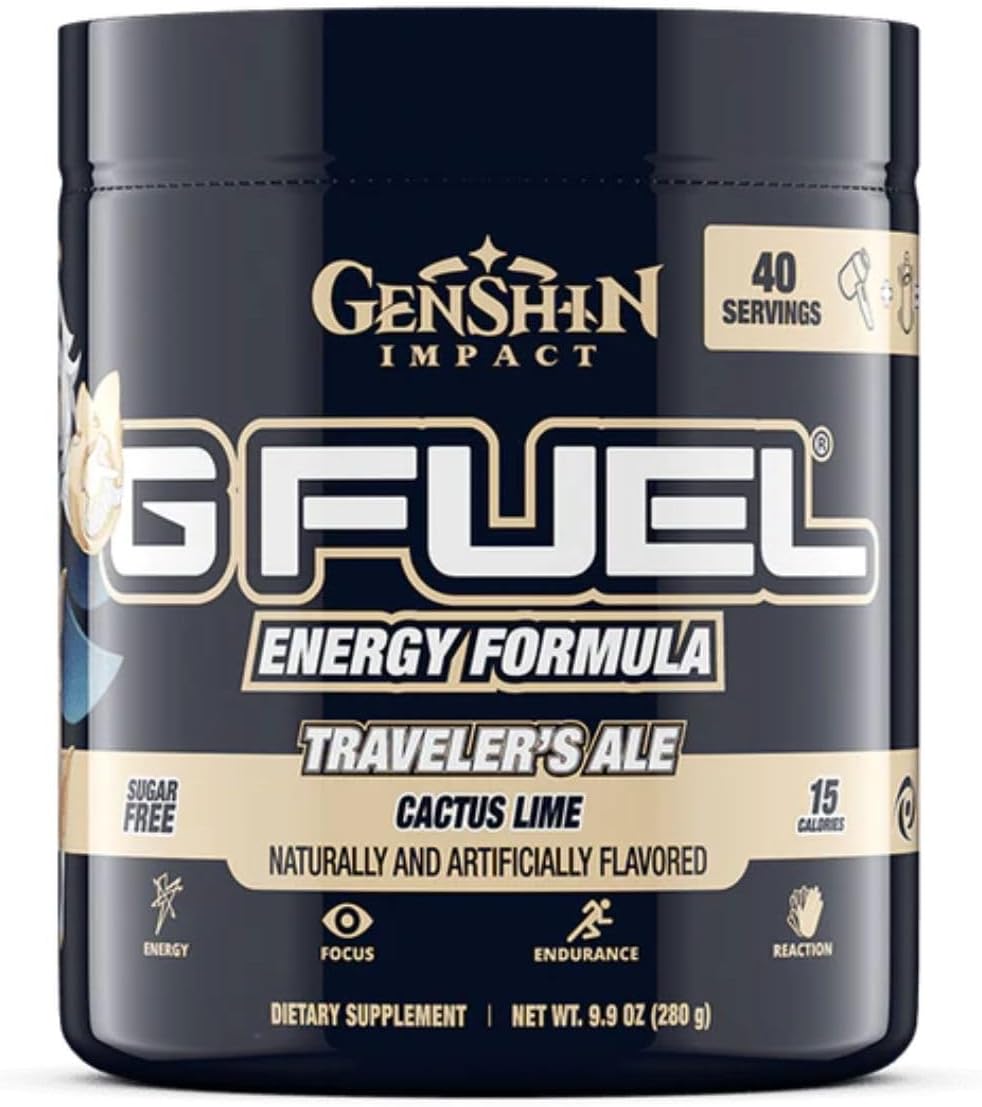 G Fuel Genshin Impact Energy Drink Powder - Pre Workout Caffeine Mix for Gaming - Sugar Free Focus Amino - Vitamin + Antioxidants - 9.9oz (Cactus Lime, 40 Servings)