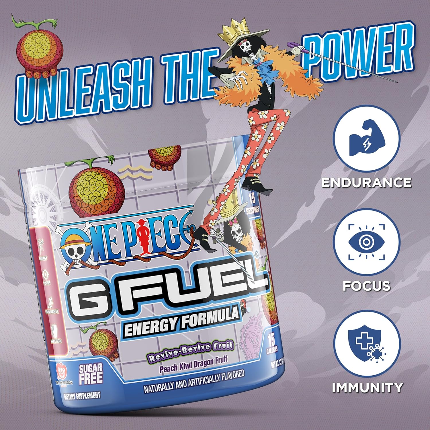 G Fuel ONE Piece Revive Energy Drink Powder - Peach Kiwi Dragon Fruit Flavor, Pre Workout Mix with Caffeine, Focus Amino & Antioxidants - 15 Servings