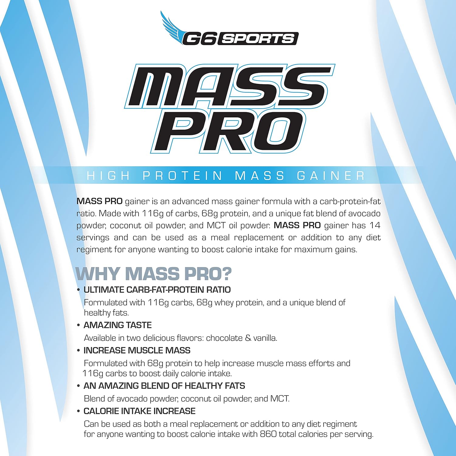 G6 Sports Nutrition Mass Pro High Protein Gainer with Avocado, Coconut, and MCT Oil - 7lb Chocolate Bag