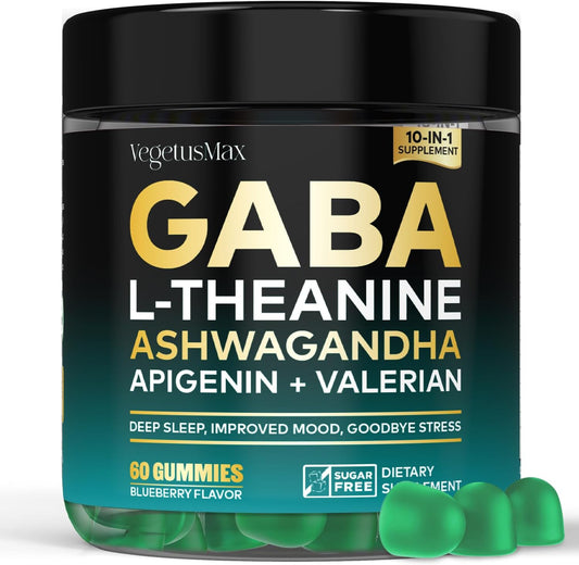 GABA L-Theanine Gummies Stress Relief Supplement with Ashwagandha & Magnesium - Calm, Sleep, Relax, Mood Support - Non-Habit Forming Blueberry Gummy