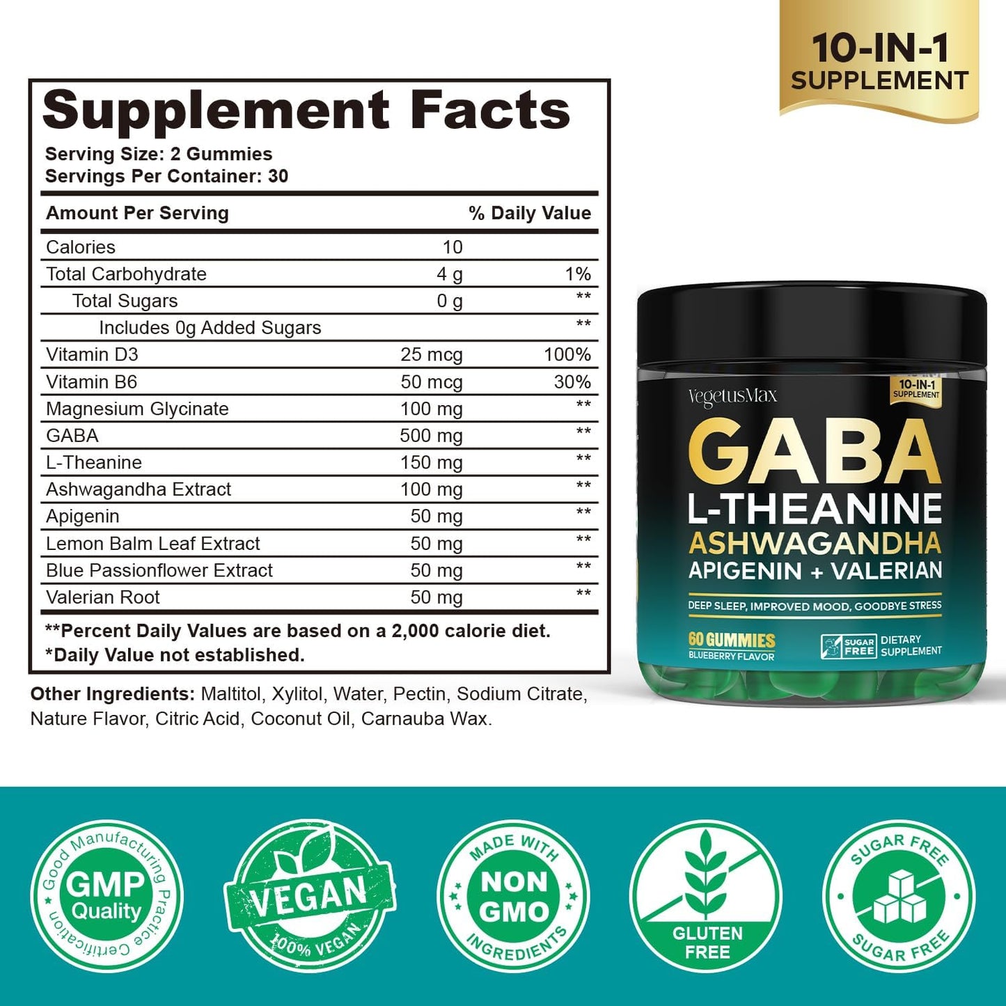 GABA L-Theanine Gummies Stress Relief Supplement with Ashwagandha & Magnesium - Calm, Sleep, Relax, Mood Support - Non-Habit Forming Blueberry Gummy