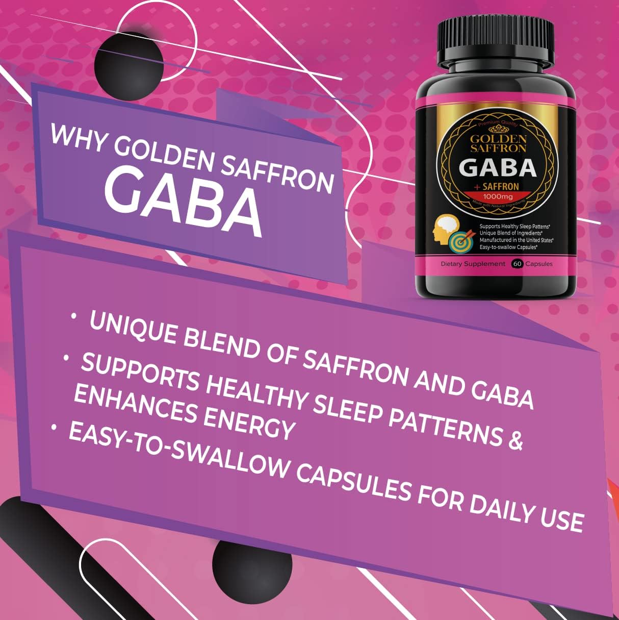 GABA + Saffron Extract Supplement for Relaxation, Sleep, and Mood Support - Non-GMO - Made in USA