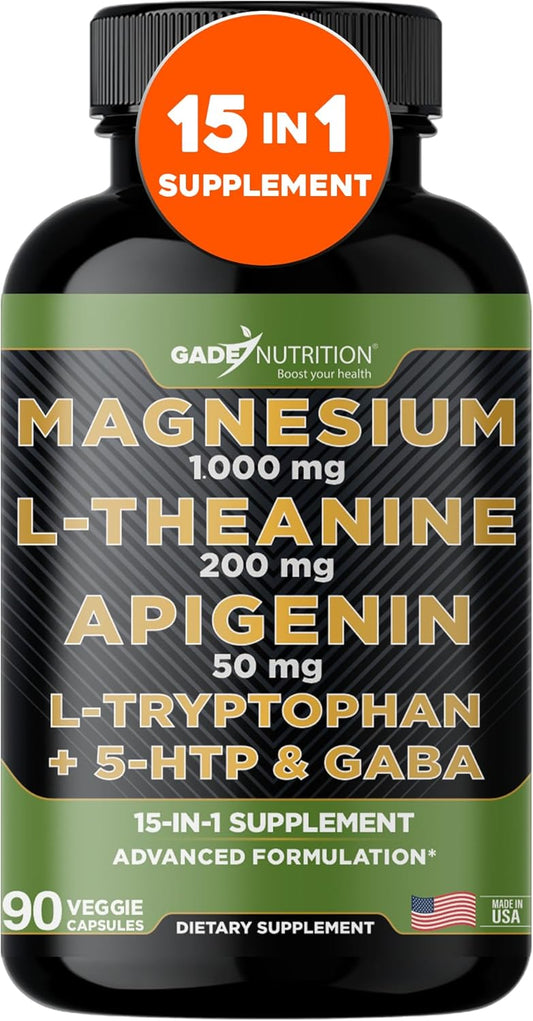 Gade Nutrition Magnesium Glycinate Supplement with Apigenin, L Theanine, 5 HTP & GABA for Calm Brain Boost & Sleep Aid