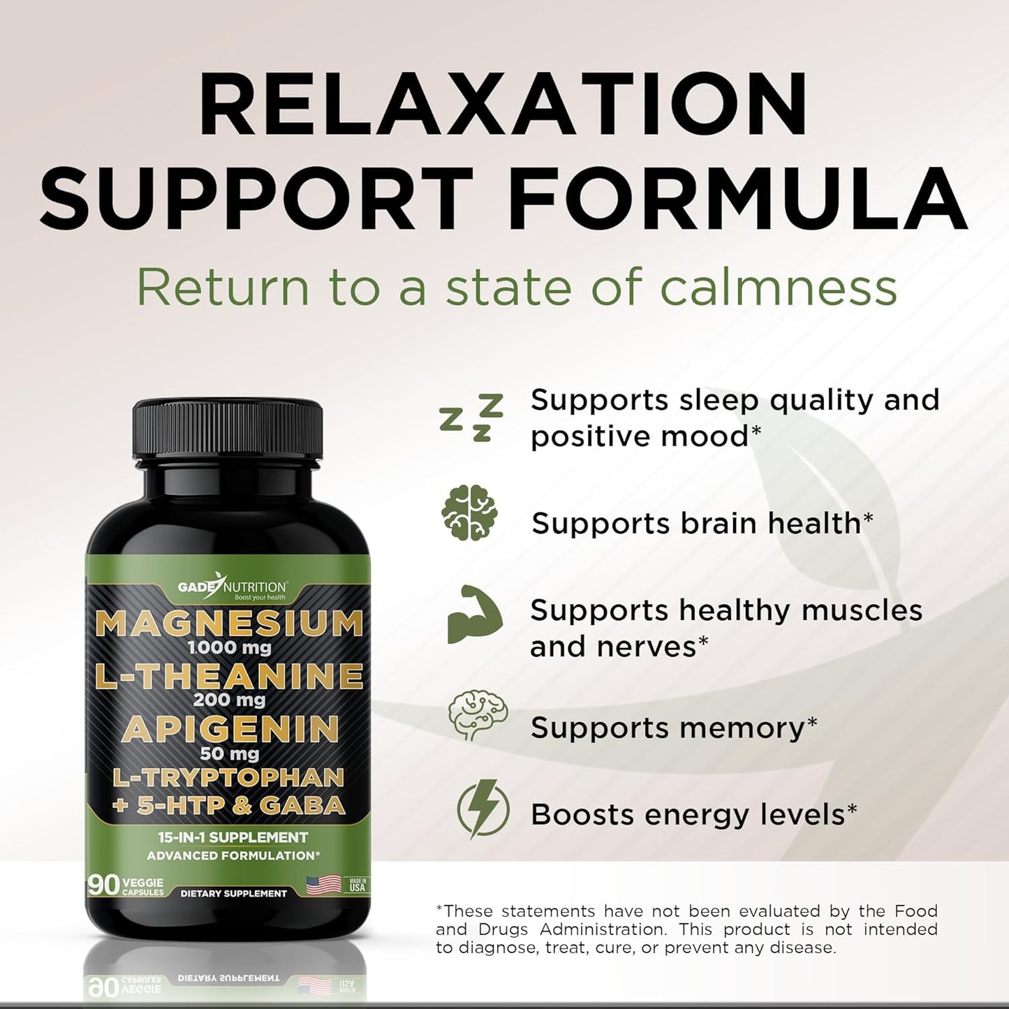 Gade Nutrition Magnesium Glycinate Supplement with Apigenin, L Theanine, 5 HTP & GABA for Calm Brain Boost & Sleep Aid