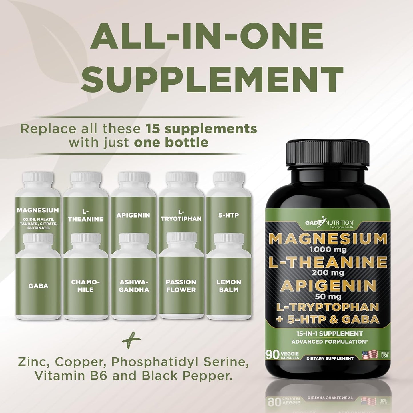 Gade Nutrition Magnesium Glycinate Supplement with Apigenin, L Theanine, 5 HTP & GABA for Calm Brain Boost & Sleep Aid