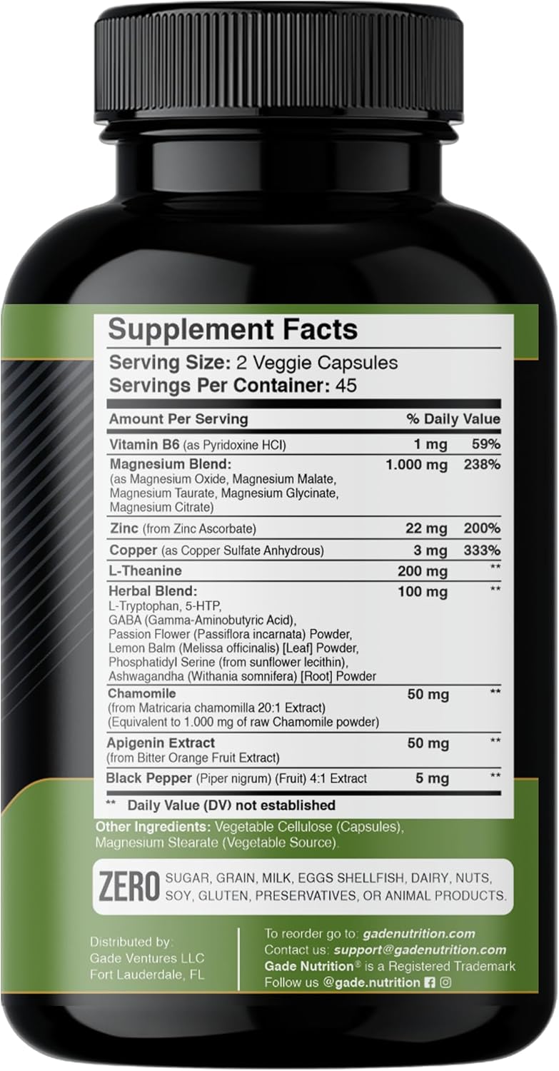 Gade Nutrition Magnesium Glycinate Supplement with Apigenin, L Theanine, 5 HTP & GABA for Calm Brain Boost & Sleep Aid