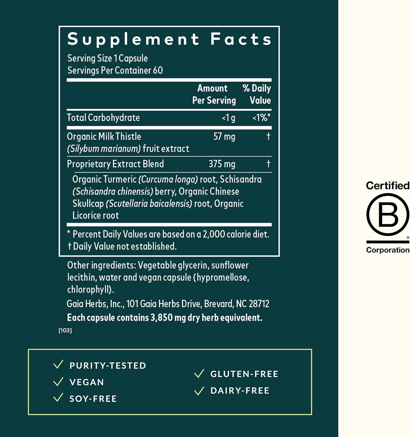 Gaia Herbs Liver Health Supplement with Milk Thistle, Turmeric, Schisandra, Licorice Root - 60 Vegan Capsules