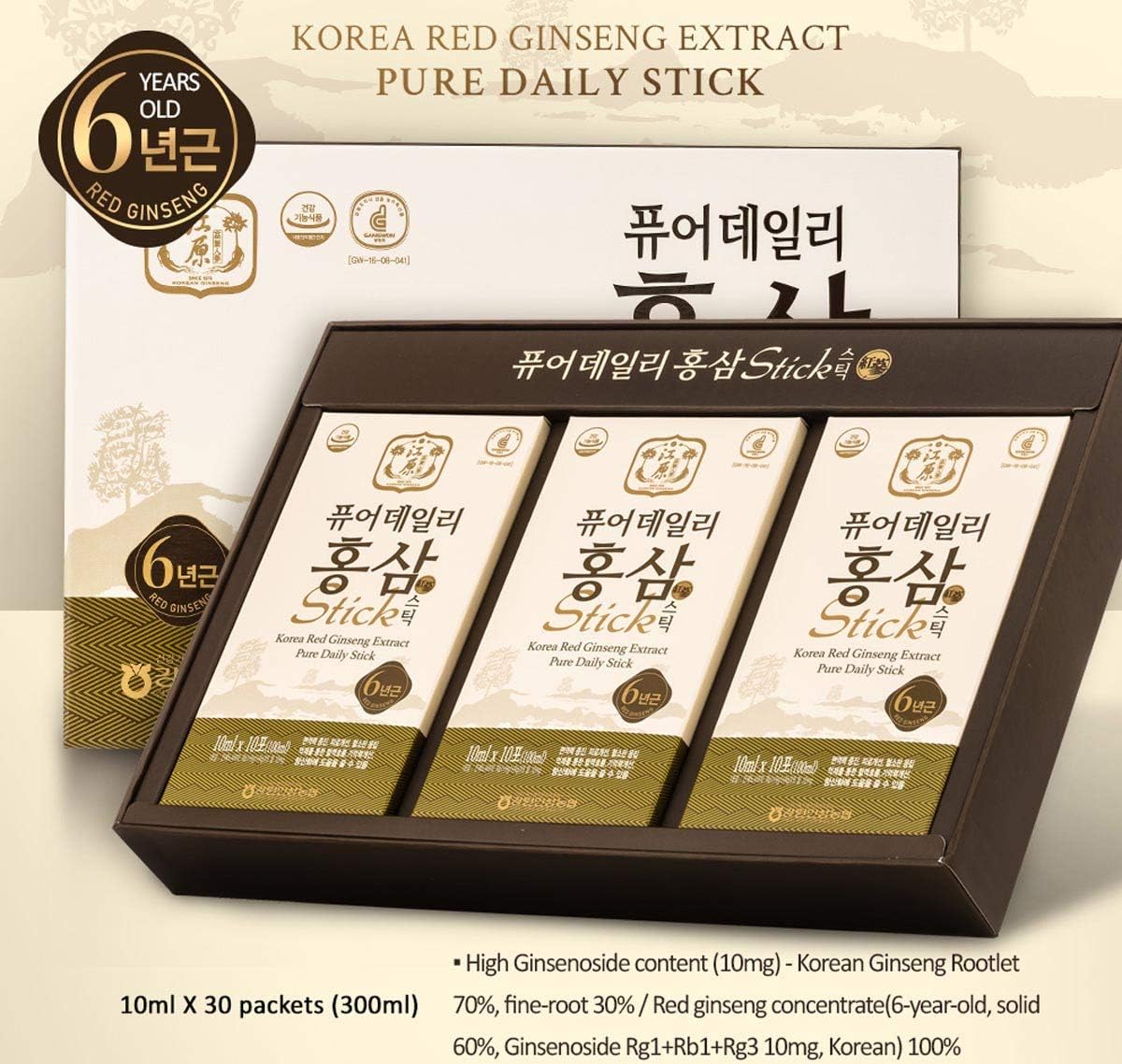 [Gangwoninsam] Korean Red Ginseng Extract Pure Daily Sticks - 6 Year Korean Red Ginseng, Individually Packaged, 30 Sticks, 0.35 fl. oz, Korean Food, 3 X 10-Count Box