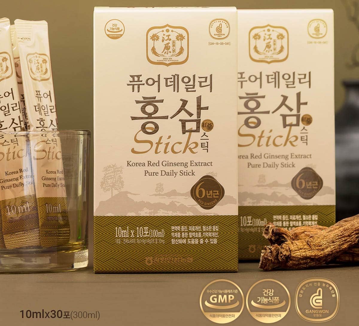 [Gangwoninsam] Korean Red Ginseng Extract Pure Daily Sticks - 6 Year Korean Red Ginseng, Individually Packaged, 30 Sticks, 0.35 fl. oz, Korean Food, 3 X 10-Count Box
