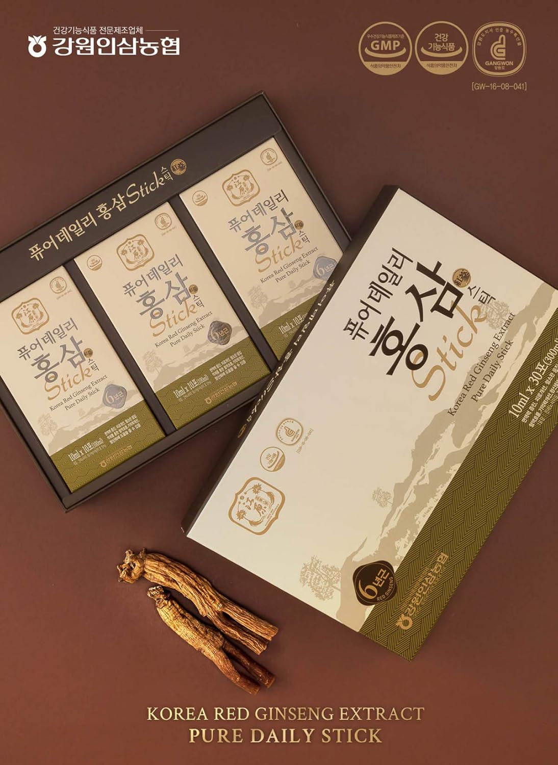 [Gangwoninsam] Korean Red Ginseng Extract Pure Daily Sticks - 6 Year Korean Red Ginseng, Individually Packaged, 30 Sticks, 0.35 fl. oz, Korean Food, 3 X 10-Count Box