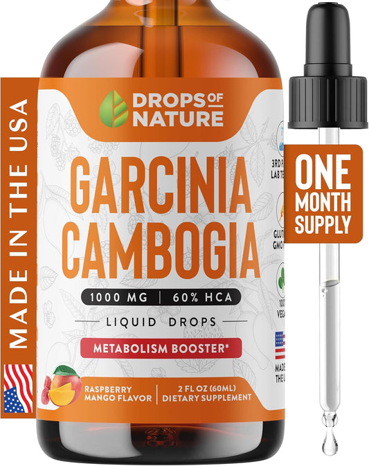 Garcinia Cambogia Liquid Supplement - 60% HCA for Weight Loss - Appetite Suppressant Drops - Natural Raspberry Mango Flavor - 2 fl. oz.