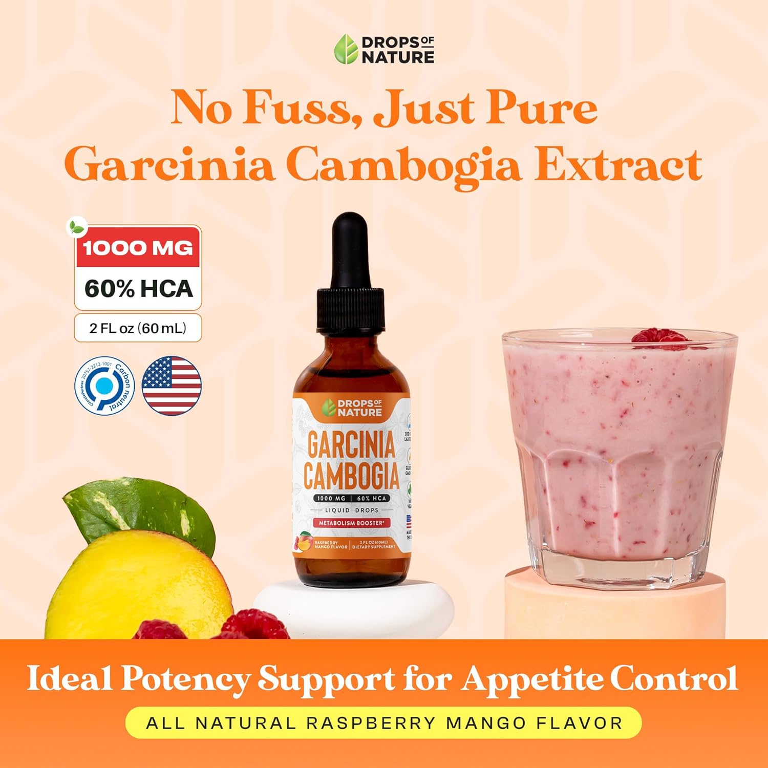 Garcinia Cambogia Liquid Supplement - 60% HCA for Weight Loss - Appetite Suppressant Drops - Natural Raspberry Mango Flavor - 2 fl. oz.