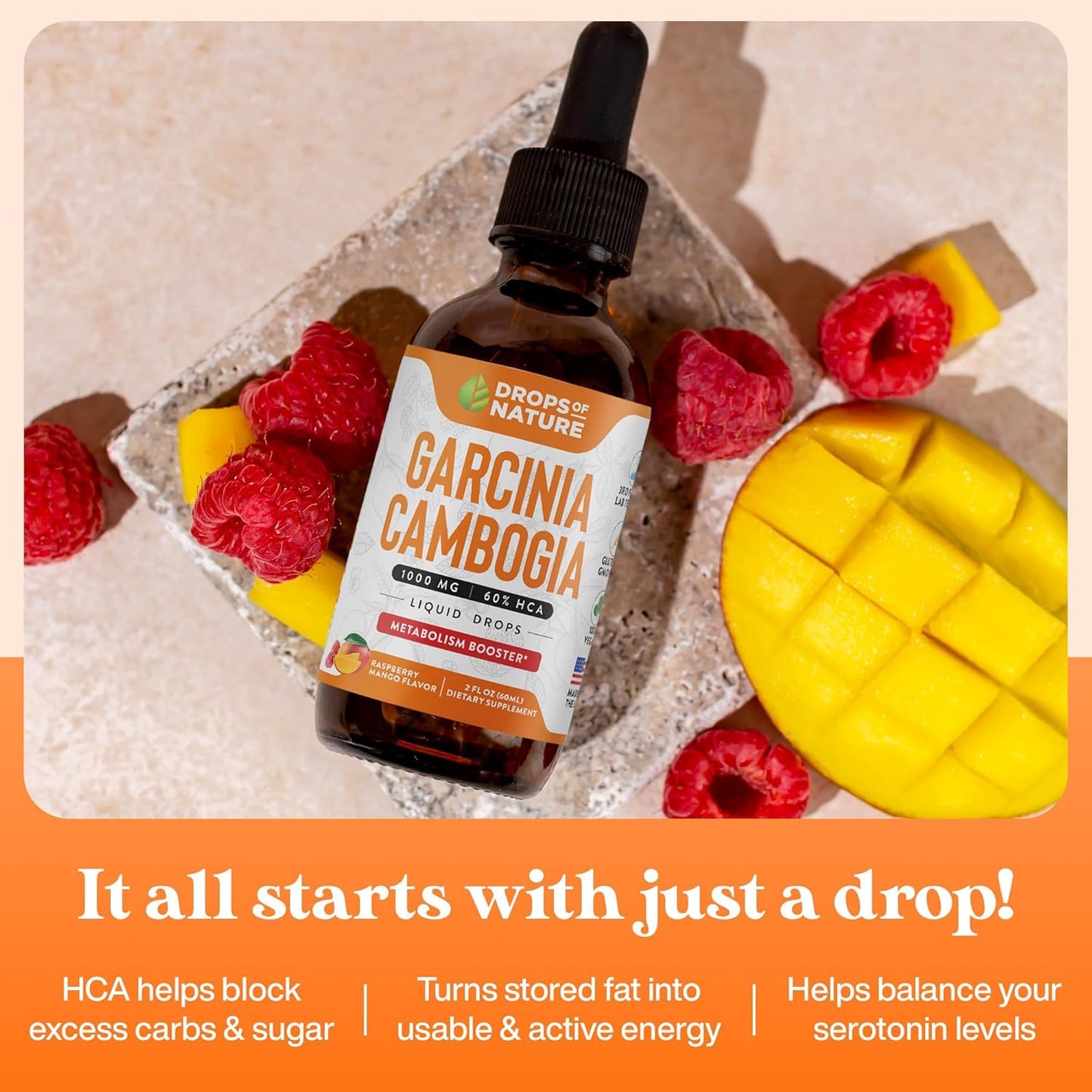 Garcinia Cambogia Liquid Supplement - 60% HCA for Weight Loss - Appetite Suppressant Drops - Natural Raspberry Mango Flavor - 2 fl. oz.