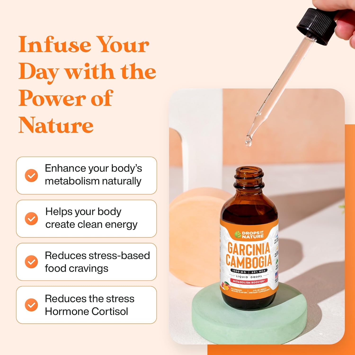 Garcinia Cambogia Liquid Supplement - 60% HCA for Weight Loss - Appetite Suppressant Drops - Natural Raspberry Mango Flavor - 2 fl. oz.