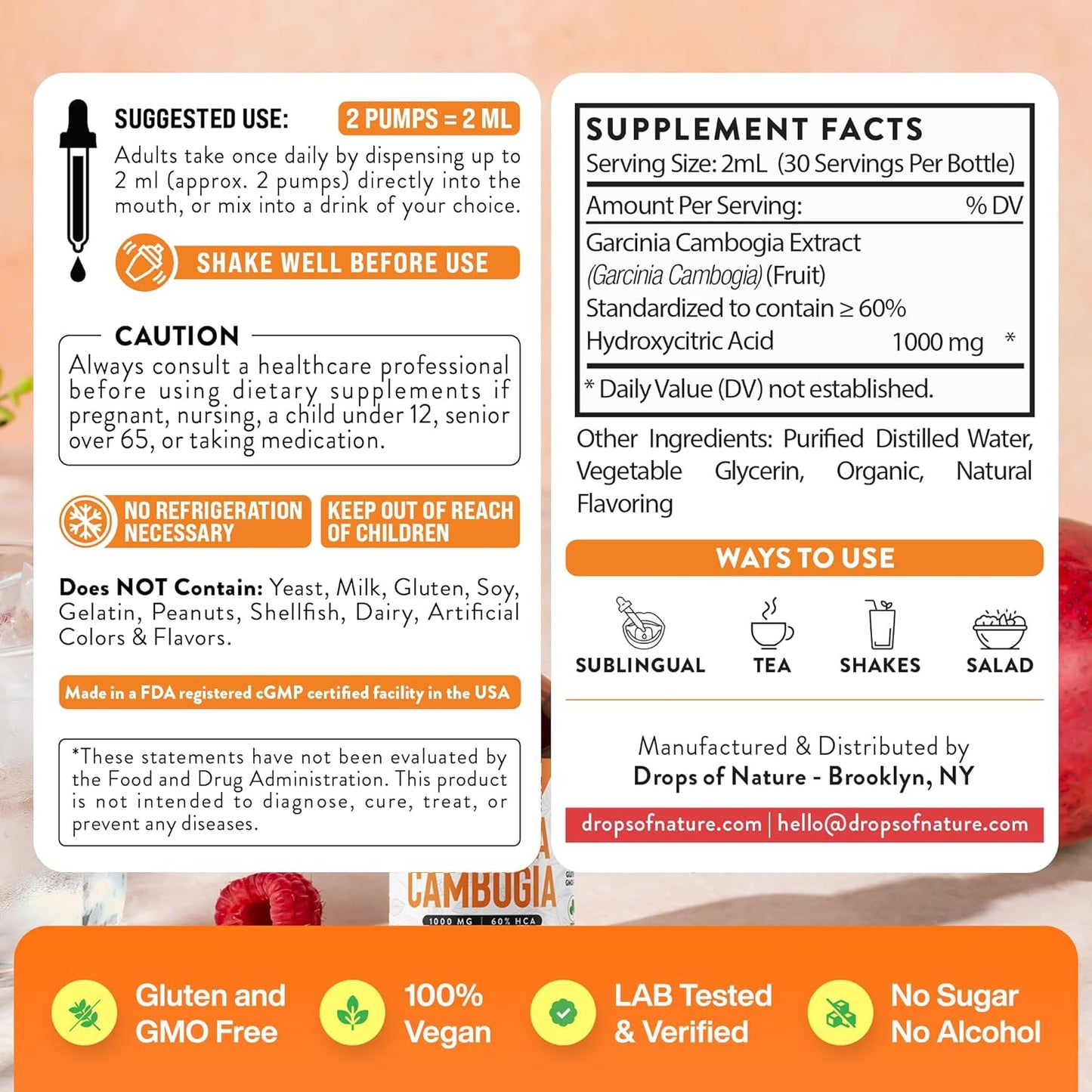 Garcinia Cambogia Liquid Supplement - 60% HCA for Weight Loss - Appetite Suppressant Drops - Natural Raspberry Mango Flavor - 2 fl. oz.