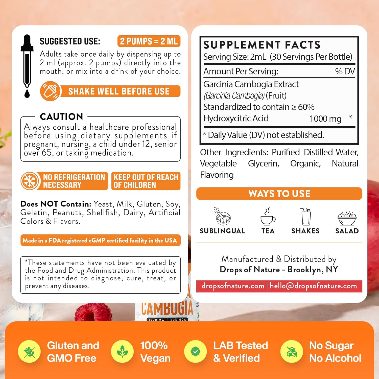 Garcinia Cambogia Liquid Supplement - 60% HCA for Weight Loss - Appetite Suppressant Drops - Natural Raspberry Mango Flavor - 2 fl. oz.