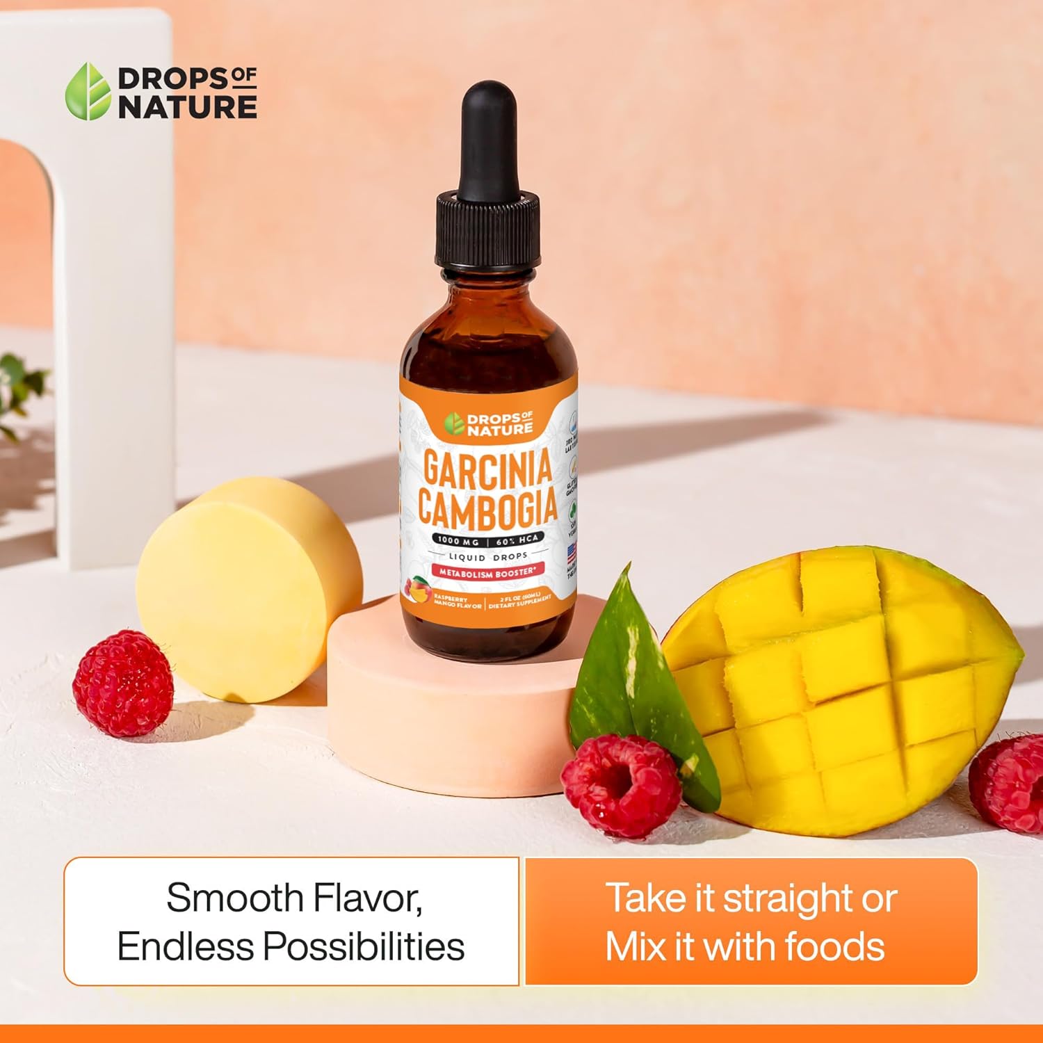 Garcinia Cambogia Liquid Supplement - 60% HCA for Weight Loss - Appetite Suppressant Drops - Natural Raspberry Mango Flavor - 2 fl. oz.