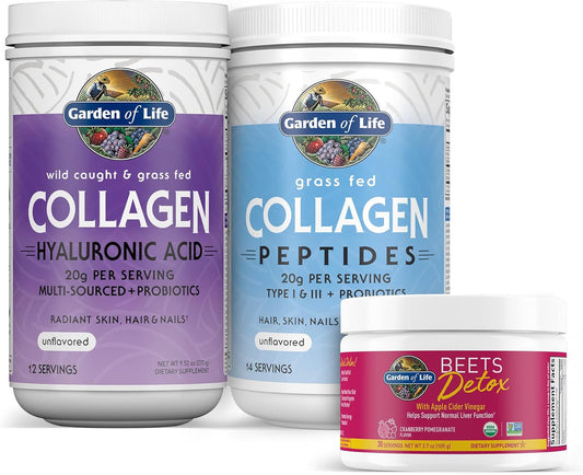 Garden of Life Collagen and Beets Bundle: Multi-Sourced Collagen with Hyaluronic Acid, Organic Detox Beets, Cranberry Pomegranate Flavor, Collagen Peptides Powder - 56 Servings