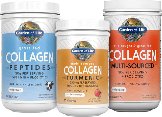 Garden of Life Collagen Bundle: Grass-Fed Peptides, Collagen Turmeric Apple Cinnamon, Multi-Sourced Unflavored Powder for Hair, Skin, Nails, Joints - 46 Servings