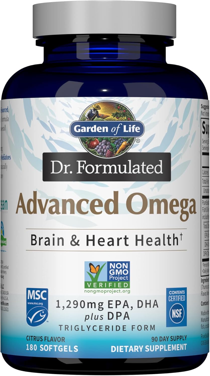 Garden of Life Dr. Formulated Advanced Omega Fish Oil Softgels - Lemon Flavored, 1,290mg EPA, DHA + DPA, Single Source Omega 3 Supplement for Brain & Heart Health, Non-GMO - 180 Count