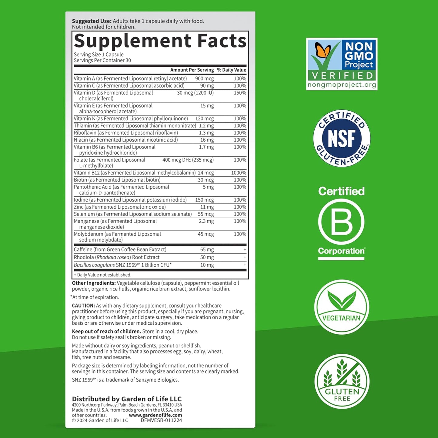 Garden of Life Dr. Formulated Multi+ Energy Support: Liposomal Multivitamin with Green Coffee Bean Extract, Rhodiola & Probiotics - Energy Boost & Immune Health, 30 Capsules