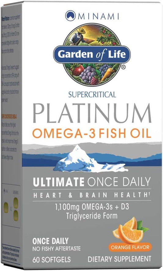 Garden of Life Minami Omega-3 Fish Oil Supplement - Orange, Ultimate Daily Heart & Brain Health Support with 1100mg Omega-3s, 1000 IU Vitamin D3, 60 Softgels