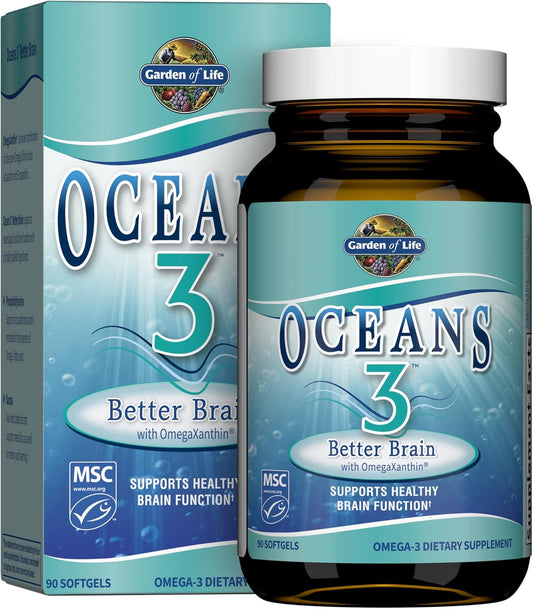 Garden of Life Oceans 3 Better Brain Supplement - Ultra Pure EPA/DHA Omega 3 Fish Oil with Antioxidants, 90 Softgels