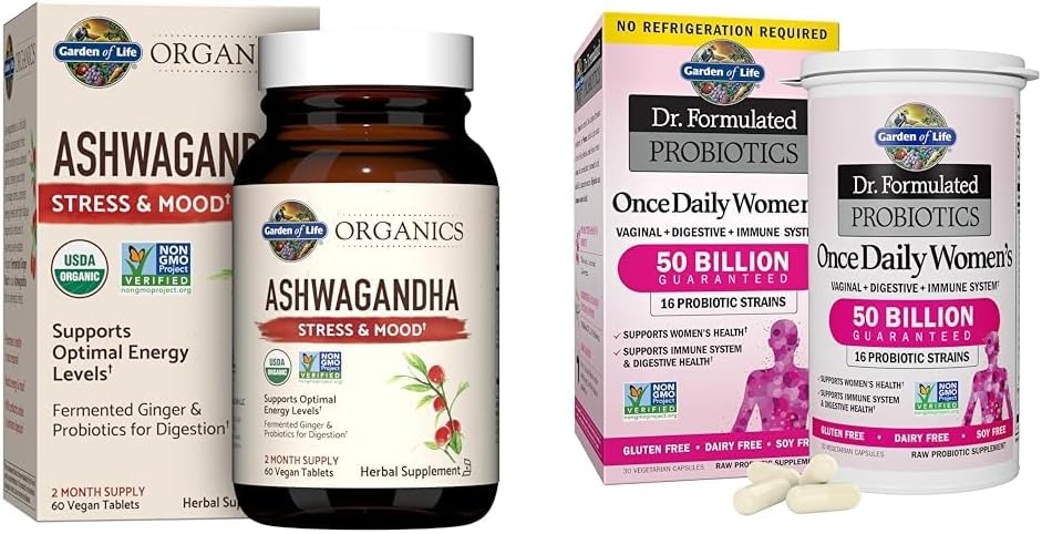 Garden of Life Organics Ashwagandha Stress & Energy Support with Women's Probiotics Combo Pack - 60 Tablets & 30 Capsules