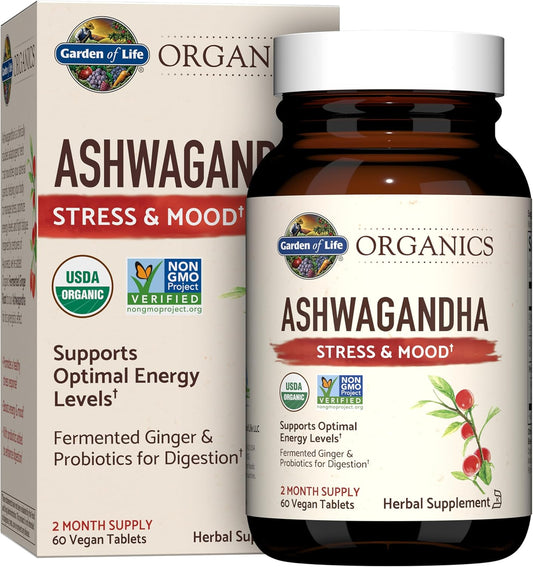 Garden of Life Organics Ashwagandha Supplement with Probiotics & Ginger - Stress, Mood, Energy Support - Vegan, Gluten Free, Non GMO - 60 Tablets, 2 Month Supply