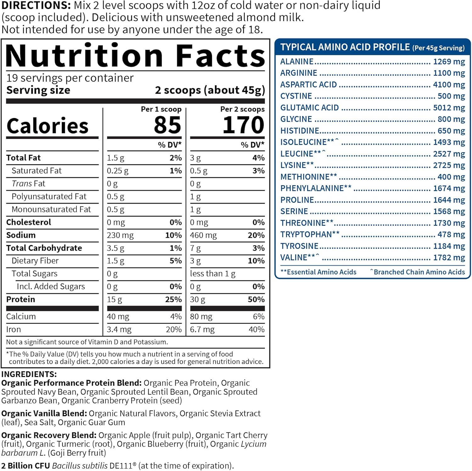 Garden of Life Sport Protein Powder - Vanilla with Probiotics, BCAAs, 30g Plant Protein, NSF Certified, Gluten Free, Non GMO - 19 Servings