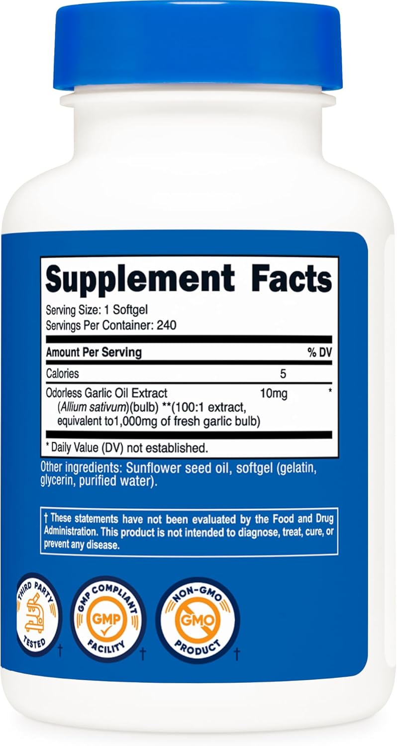 Garlic 1000mg Softgels - Odorless Gluten Free Supplement (240 Count) by Nutricost