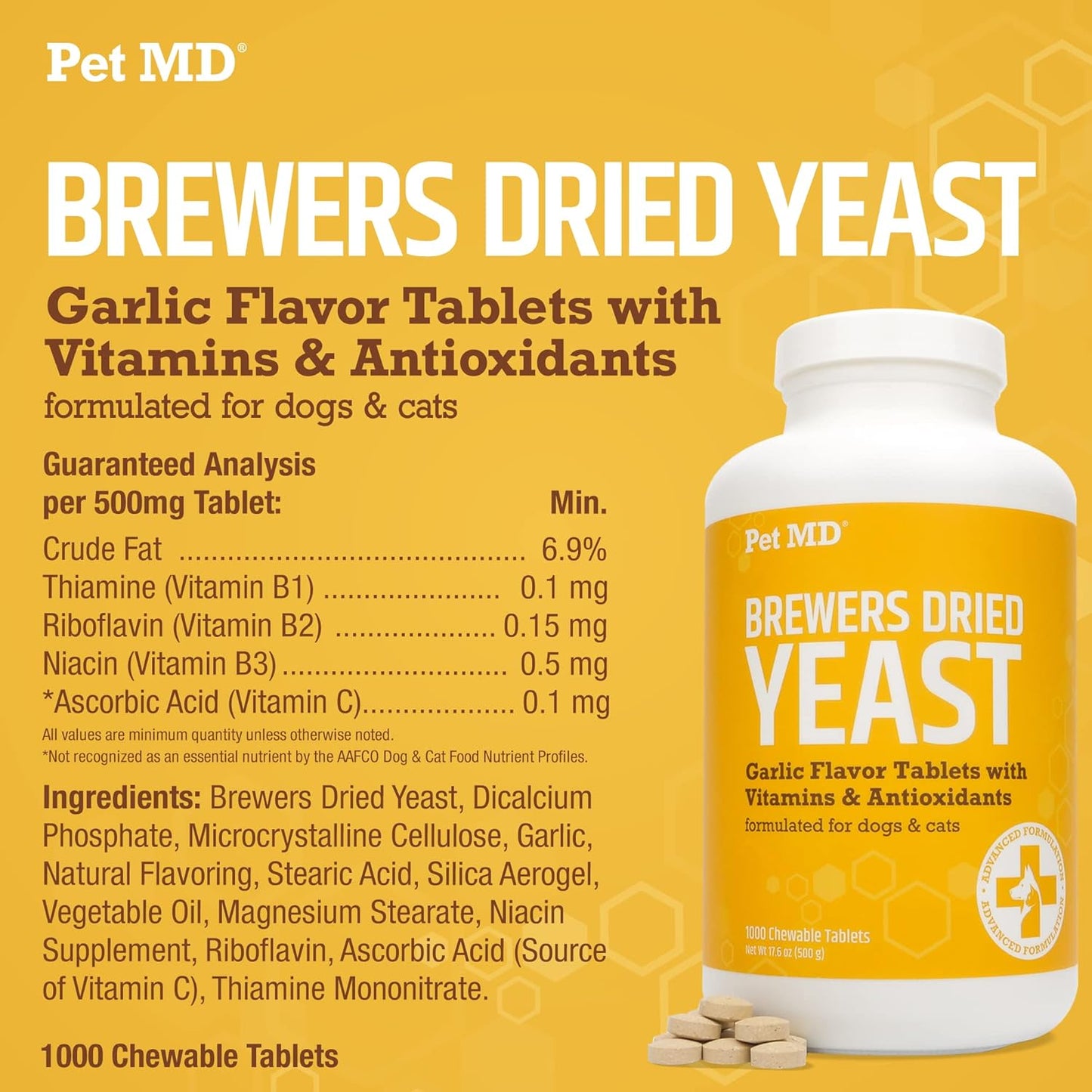 Garlic and Brewers Yeast Tablets for Dogs and Cats - Antioxidant-Rich Vitamin B1 and Vitamin C - Large 1000 Count Bottle