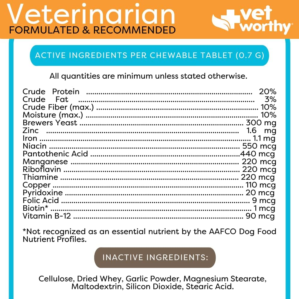 Garlic Flavored Brewers Chewables for Dogs - Skin & Coat Support Supplement with Zinc, Iron, Vitamin B Complex - 300 Tablets