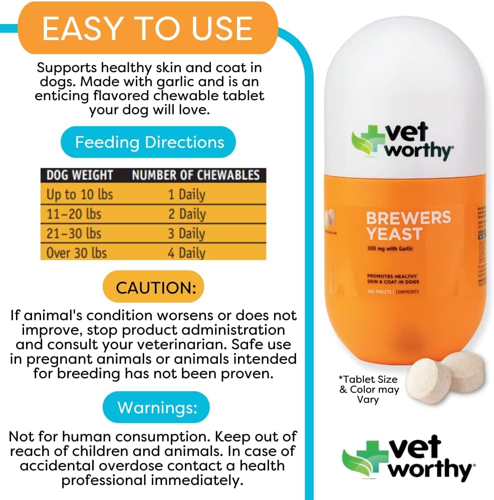Garlic Flavored Brewers Chewables for Dogs - Skin & Coat Support Supplement with Zinc, Iron, Vitamin B Complex - 300 Tablets