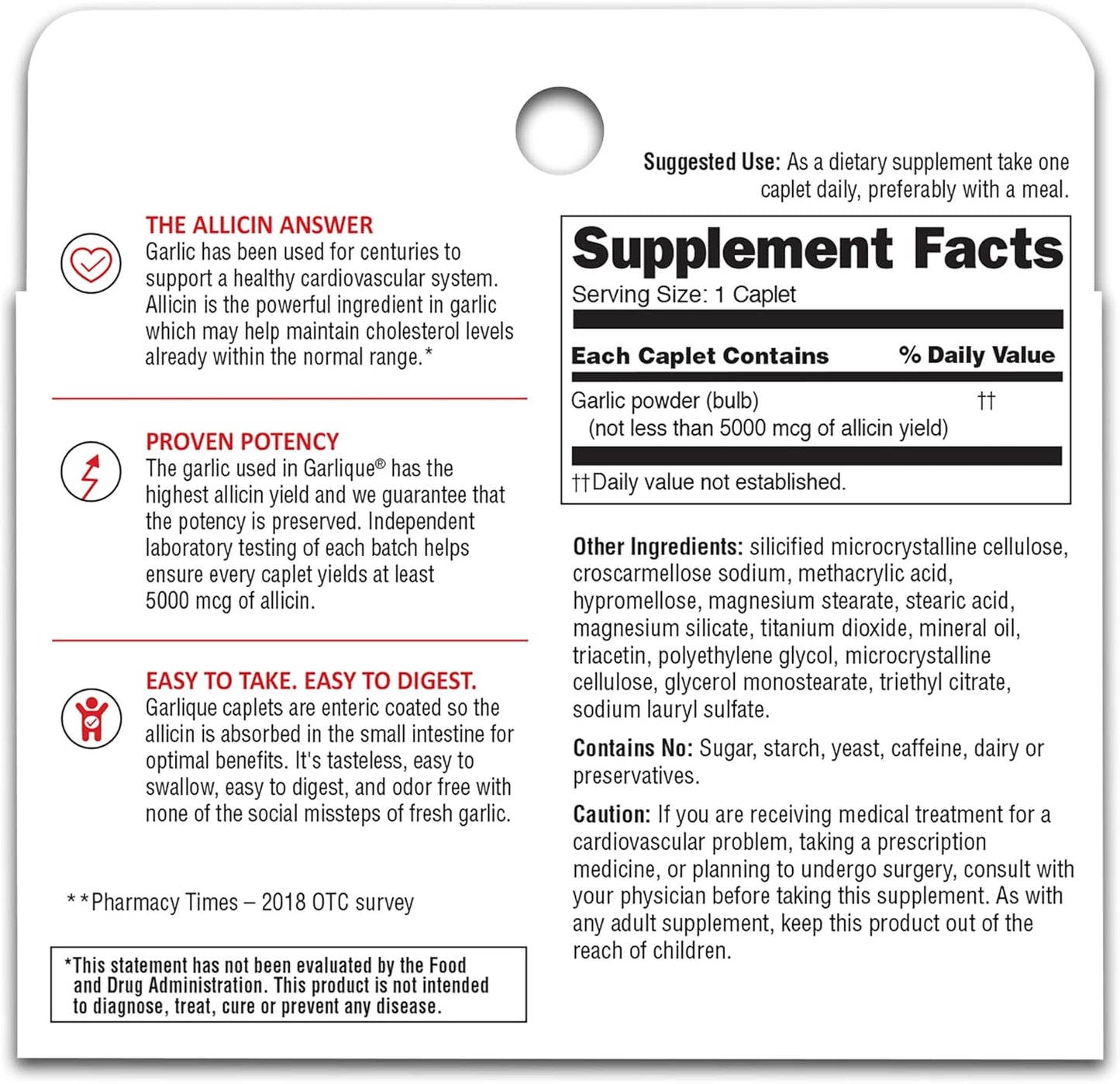 Garlique Garlic Extract Supplement for Healthy Cholesterol Support - 5000 mcg Allicin, Odorless & Vegan, 60 Caplets