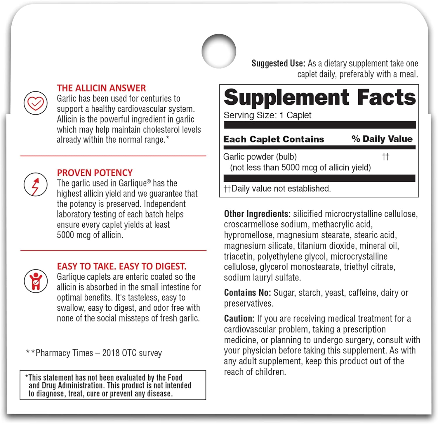 Garlique Garlic Extract Supplement for Healthy Cholesterol Support - 5000 mcg Allicin, Odorless & Vegan, 60 Caplets