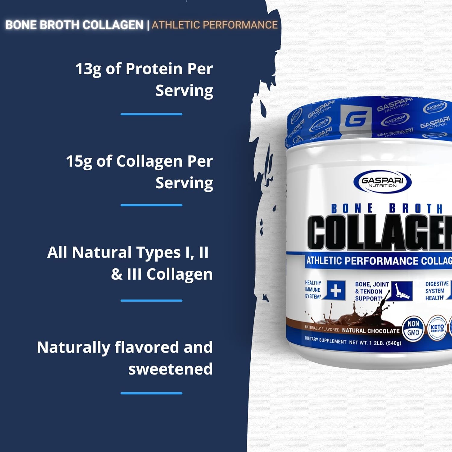 Gaspari Nutrition Bone Broth: 13g Protein for Athletic Performance, Gluten-Free, Non-GMO, Keto Certified, Gut & Joint Health - Natural Chocolate, 30 Servings