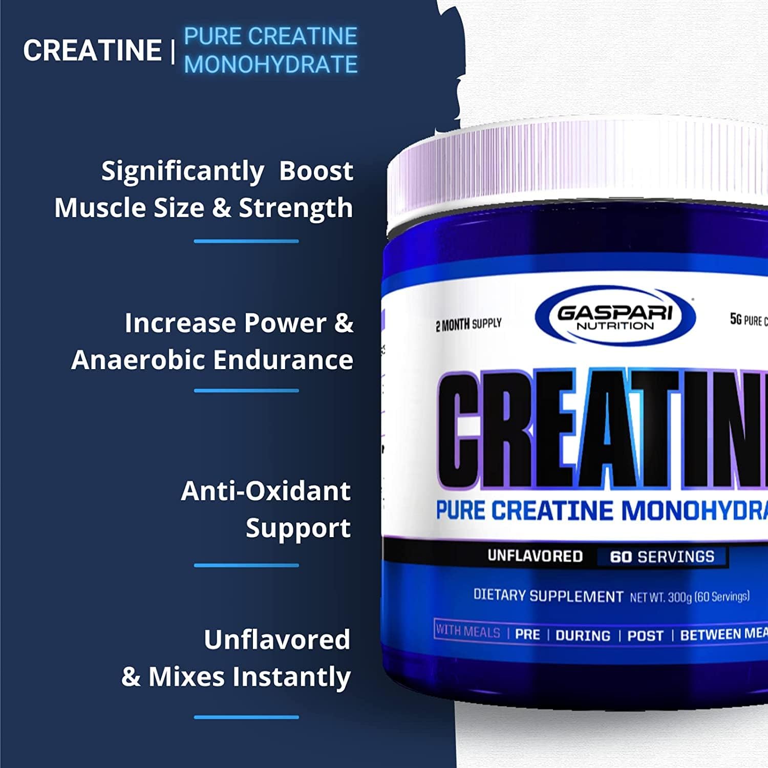 Gaspari Nutrition Creatine Monohydrate Powder, 5g Pure Creatine for Muscle Growth, Unflavored - 60 Servings