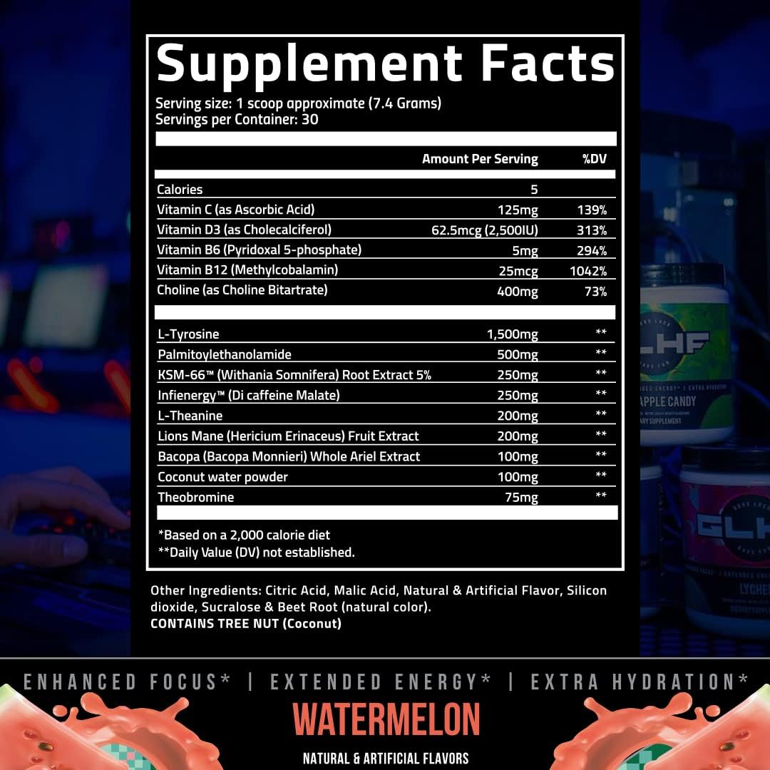 Gaspari Nutrition GLHF Gaming Energy Drink - Boosted Focus, Increased Energy, Hydration Support - Watermelon Flavor - 30 Servings