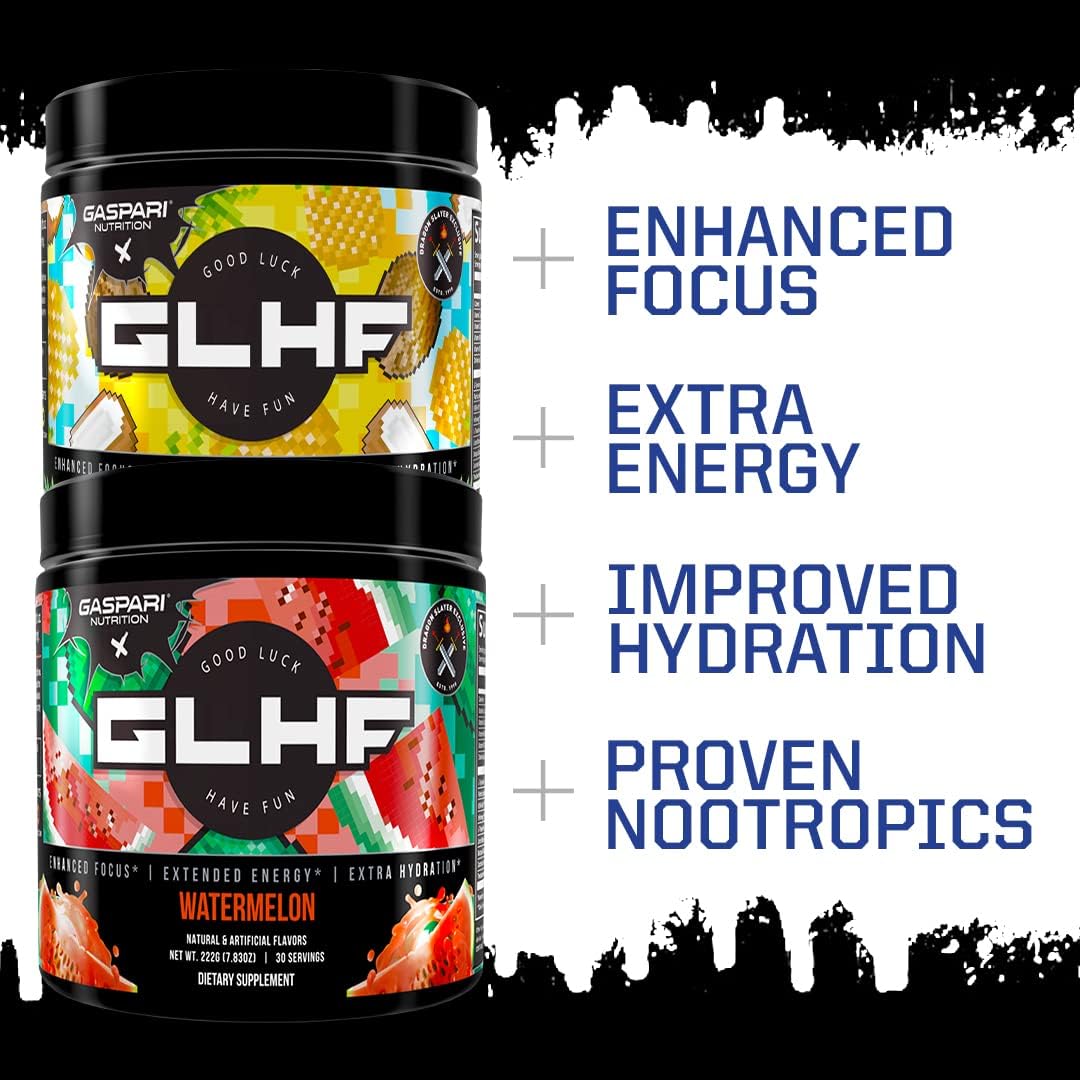 Gaspari Nutrition GLHF Gaming Energy Drink - Boosted Focus, Increased Energy, Hydration Support - Watermelon Flavor - 30 Servings